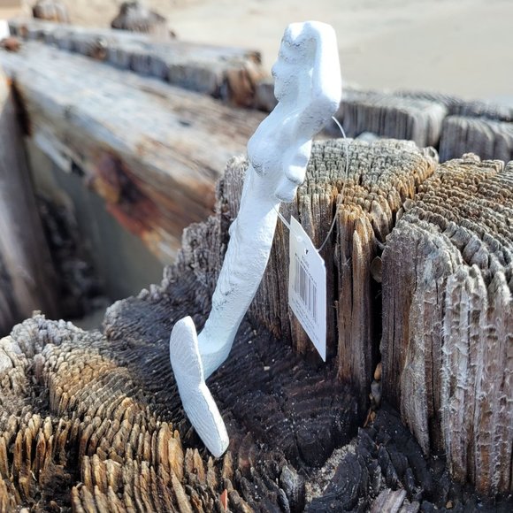 Distressed White Mermaid Hook Cast Iron Coastal Decor - Picture 5 of 13